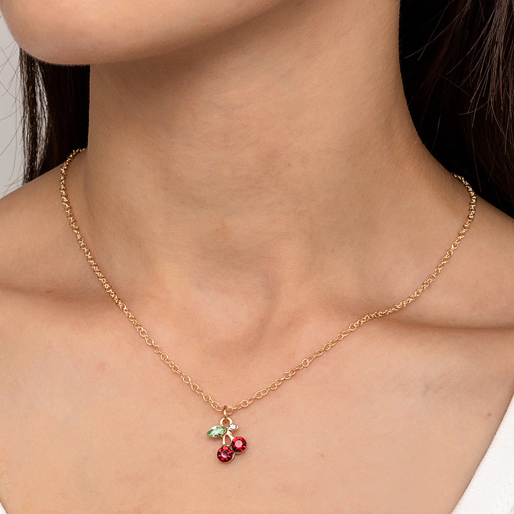 Fashionable And Cute Diamond Red Cherry Necklace