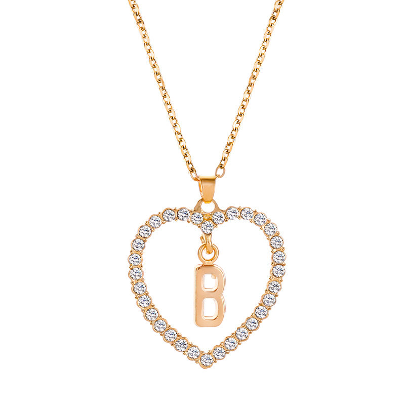 Womens Stylish & Minimalist Diamond-Encrusted 26-Letter Heart Pendant Necklace