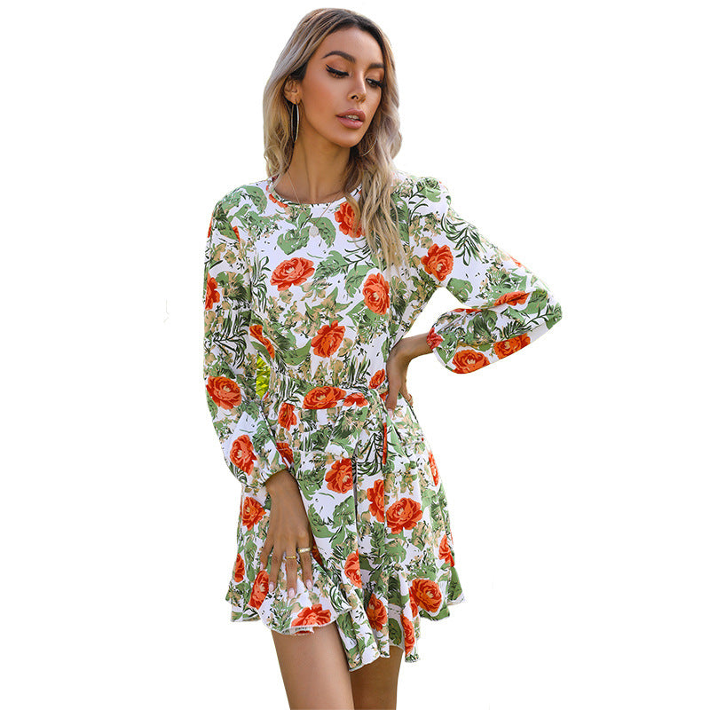 Autumn And Winter Lacing Printed Long Sleeve Dress