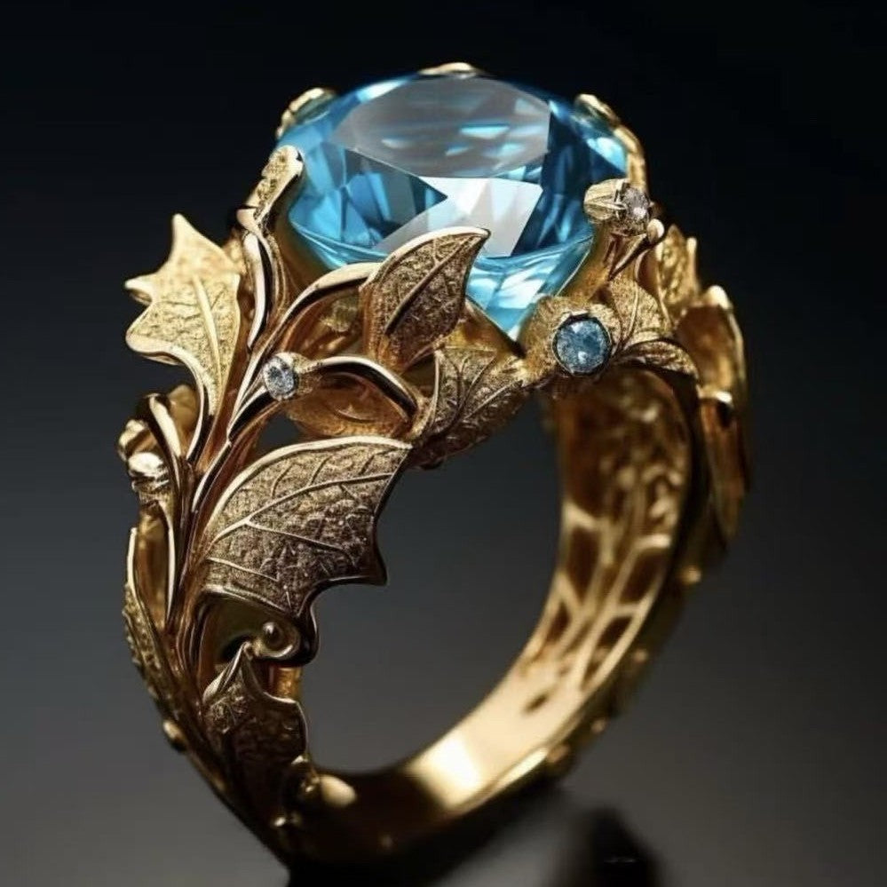 Women's Gold-Plated Ring With Alloy Inlay And Lake-Blue Center Stone