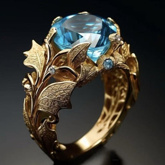 Women's Gold-Plated Ring With Alloy Inlay And Lake-Blue Center Stone