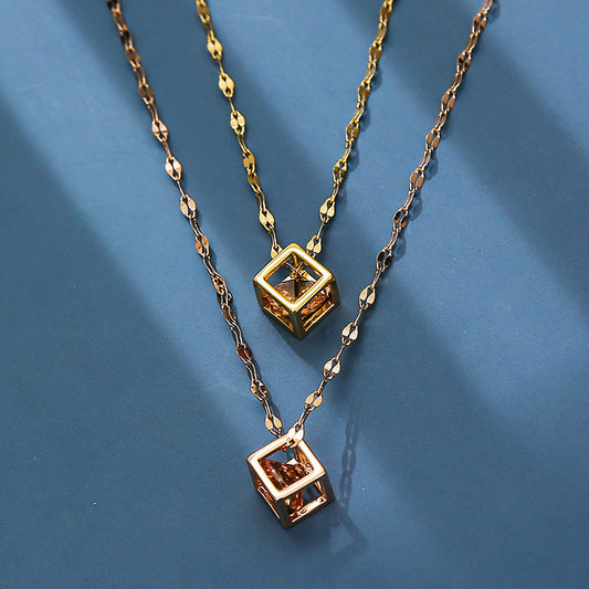 Geometric Hollow Square Zircon Rose Gold Minimalist Necklace