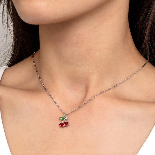 Fashionable And Cute Diamond Red Cherry Necklace